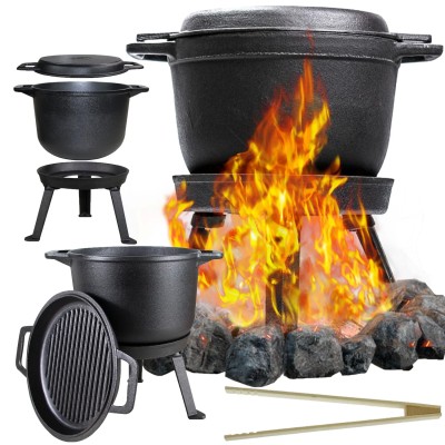 Kociołek żeliwny myśliwski 10L z patelnią grill 2w1 KH-1734